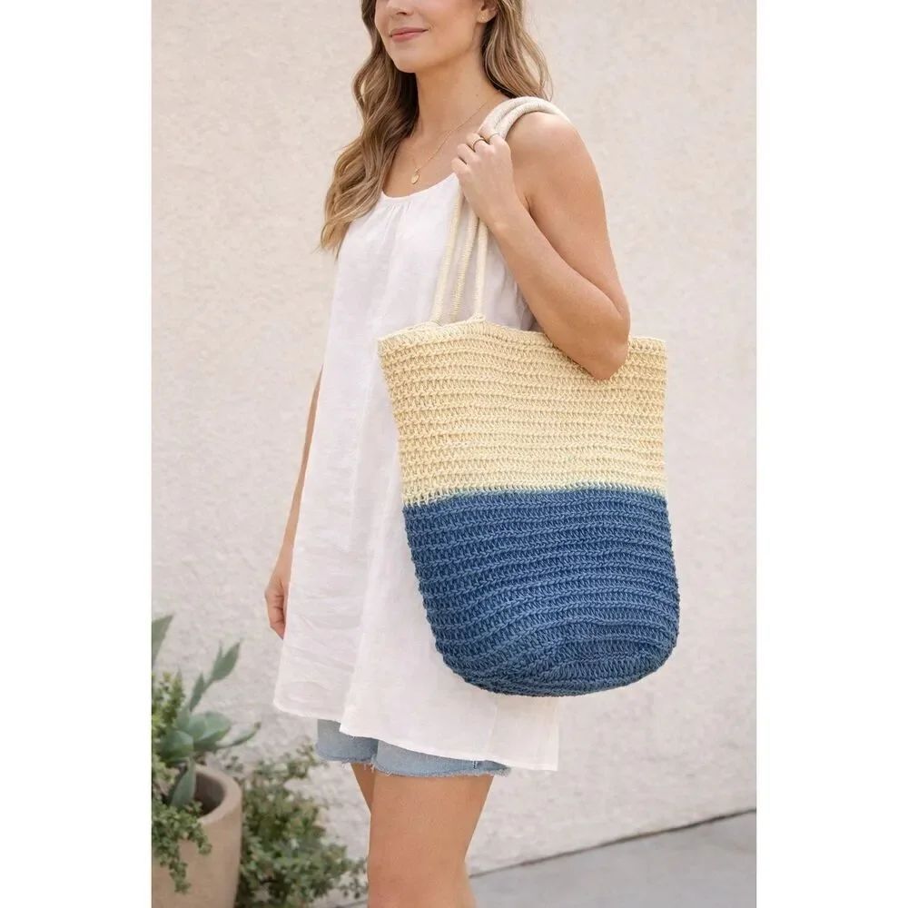 Old Navy Unstructured Cream Navy Ombre Straw Tote Large Summer Beach Bag